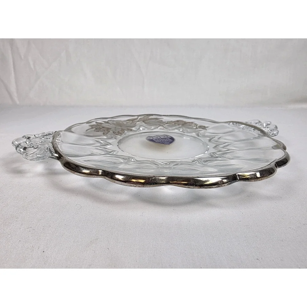 Rockwell Sterling‎ Silver Non-Tarnish 8 Inch Glass Plate Floral Design Handles
